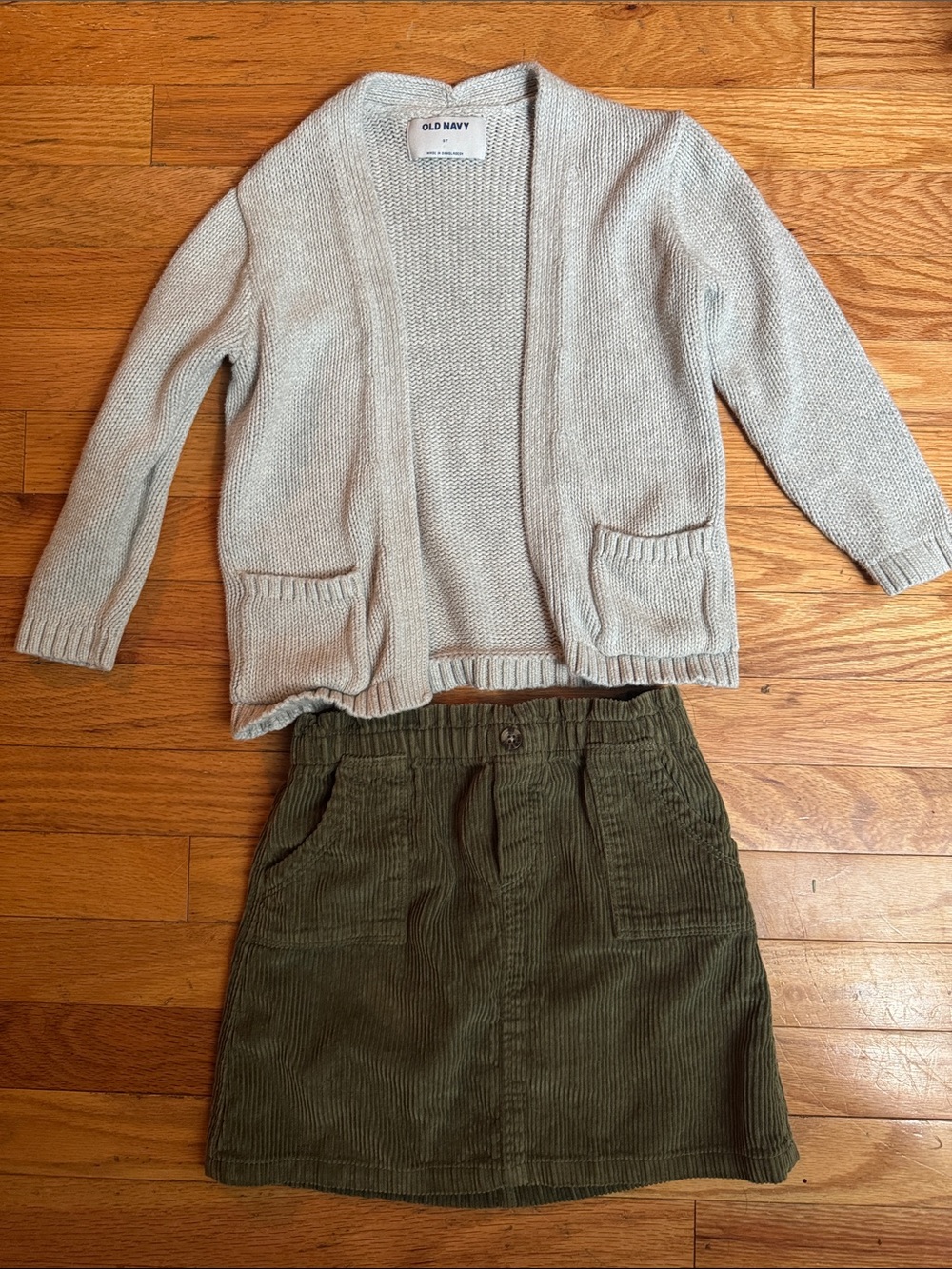 Old Navy Light Gray Cardigan with Olive Green Corduroy Skirt